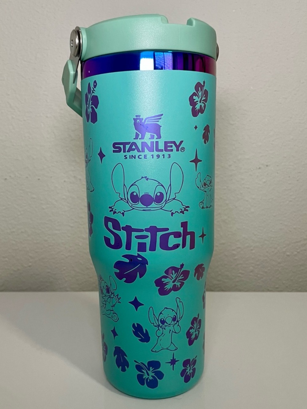 Teal 30oz Stanley custom Stitch w/ Rainbow Rim Tumbler - Ohana means family